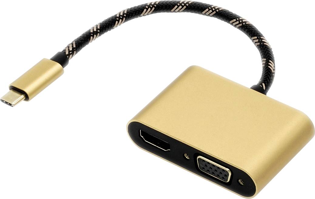 Un adaptateur USB-C doré avec ports HDMI et VGA.