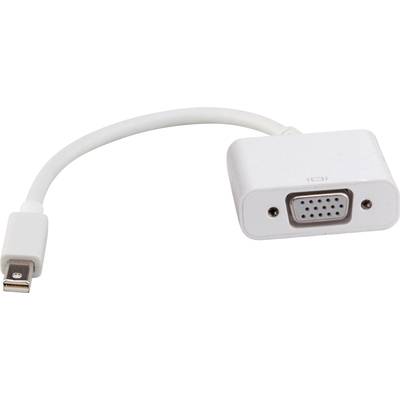 Adaptateur Mini DisplayPort vers VGA avec câble blanc et connecteur VGA sur le côté droit, adapté aux écrans plus anciens.