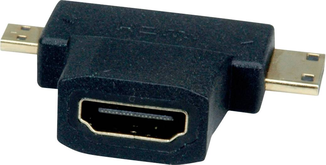 Un adaptateur HDMI noir avec deux fiches Micro-HDMI des deux côtés et un port HDMI femelle au milieu.