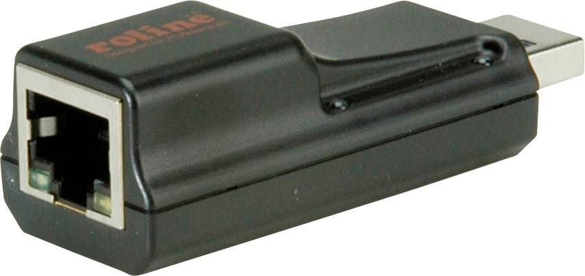Un adaptateur USB vers Ethernet noir avec une prise Ethernet d'un côté et un connecteur USB de l'autre.