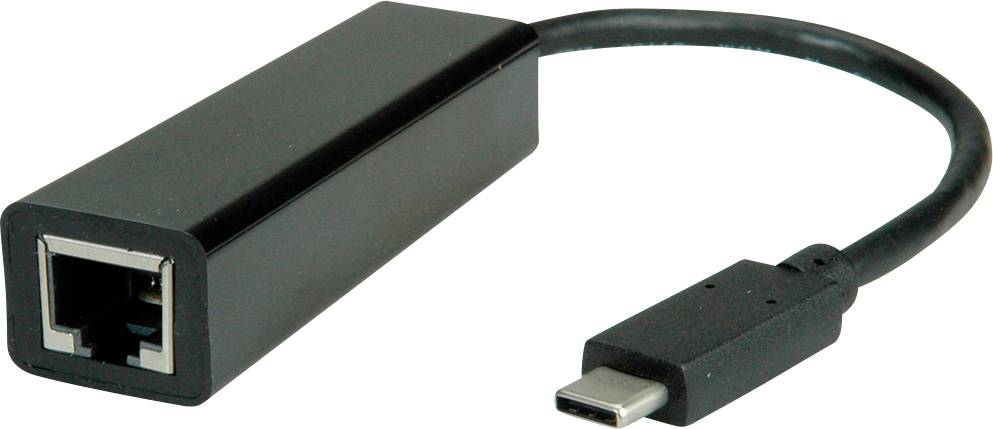 Un adaptateur noir USB-C vers Ethernet avec une fiche USB-C d'un côté et un port Ethernet de l'autre.