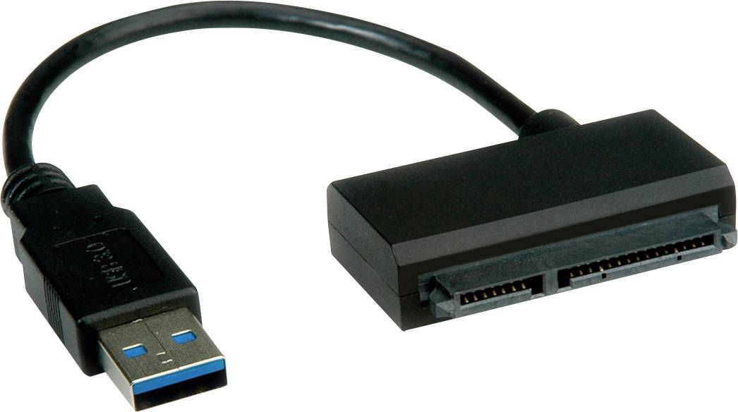 Un câble noir avec des connecteurs USB 3.0 et SATA, conçu pour connecter des disques durs aux ordinateurs. Idéal pour les solutions de stockage externes.