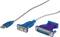 Trois types de câbles de données : USB, VGA et câble parallèle, chacun avec des connecteurs en plastique bleus et une gaine transparente.