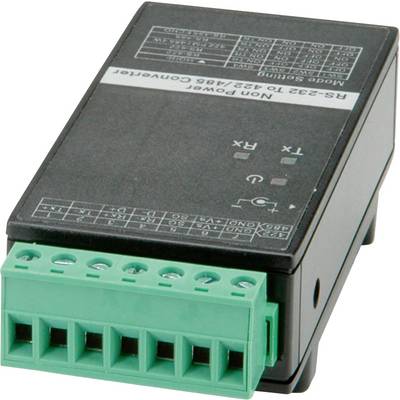 'Convertisseur RS-232 vers RS-485 avec zone de connexion verte et boîtier noir. Affiche des indicateurs TX/RX pour la communication de données.'
