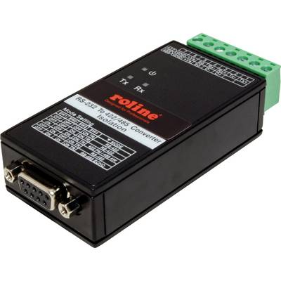 Convertisseur ROLINE RS-232 vers RS-422/485 noir avec barrette de connexion verte. Connecte les interfaces série pour la transmission de données.