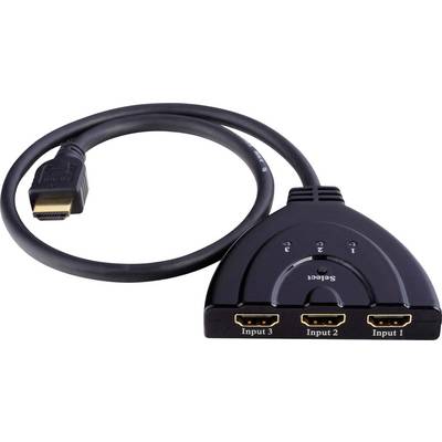 Commutateur HDMI triple avec câble ; Connexions pour trois appareils d'entrée ; Bouton de sélection de source d'entrée ; Design noir.
