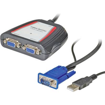 Un répartiteur vidéo VGA à deux sorties avec une prise VGA bleue, connecté à un port USB pour l'alimentation électrique.