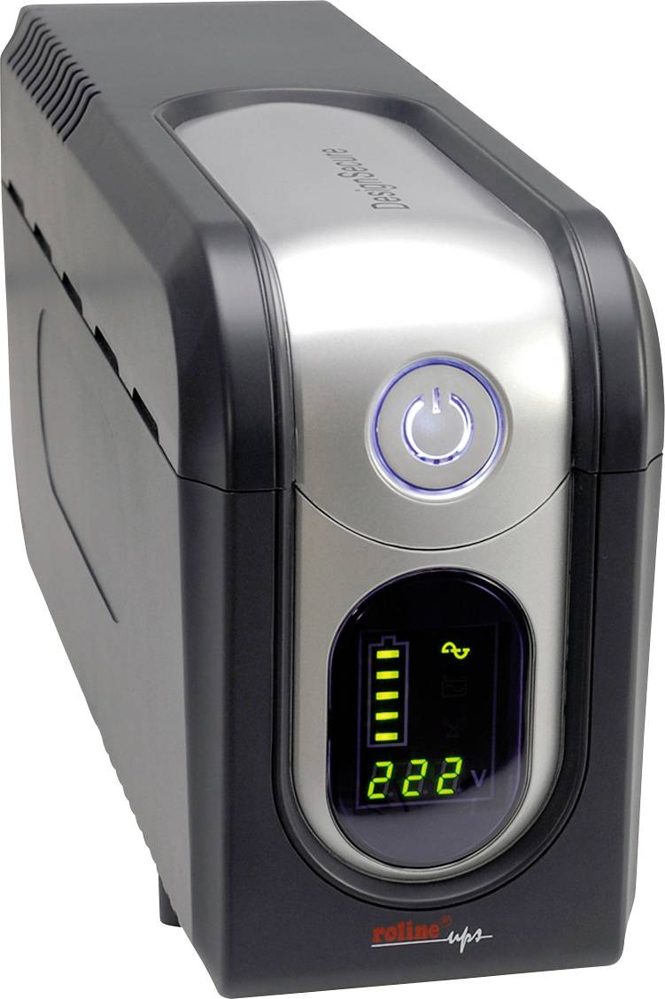 Appareil USV avec affichage numérique indiquant le statut de la batterie et la tension. Boîtier noir et argenté, bouton d'alimentation rond en haut.
