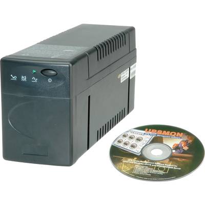 'Dispositif ASI à côté d'un CD de logiciel. L'ASI offre une protection contre les pannes de courant et les surtensions, le CD contient un logiciel de gestion.'