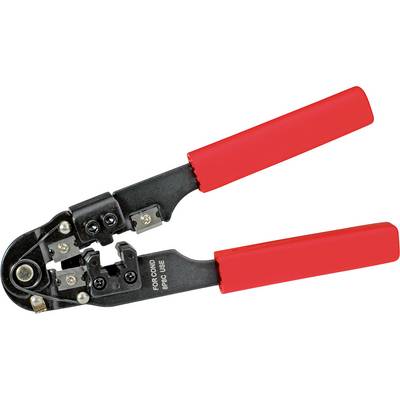 Une pince à sertir avec des poignées rouges, utilisée pour le sertissage de câbles.