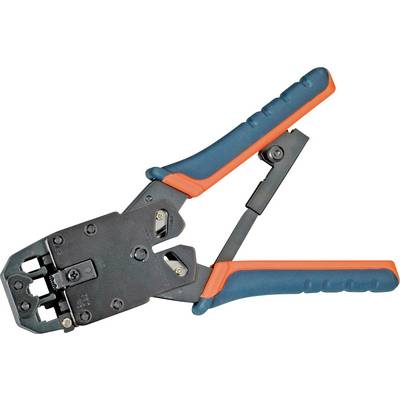 Pince à sertir manuelle avec poignée bleue et rouge, en position ouverte, utilisée pour le traitement de câbles, notamment pour les travaux coaxiaux ou réseau.