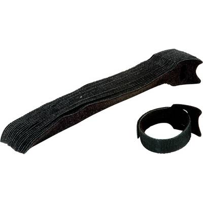 Un lot de sangles de câble noires avec fermeture auto-agrippante, dont une est posée à plat et une autre enroulée. Adaptées pour la fixation de câbles et d'autres objets.