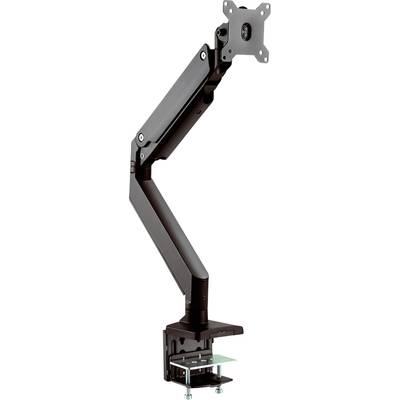 Support de moniteur en métal noir, réglable de manière flexible, avec une base à pince pour une fixation sur un bureau.