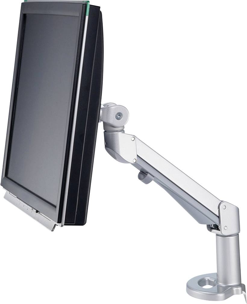 Un moniteur d'ordinateur est fixé à un bras pivotant flexible en argent, monté sur une table.