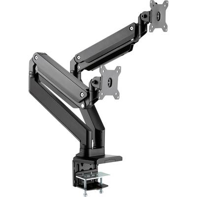 Bras de moniteur double en métal, noir, avec articulations flexibles et fixation par pince pour montage sur un bureau.