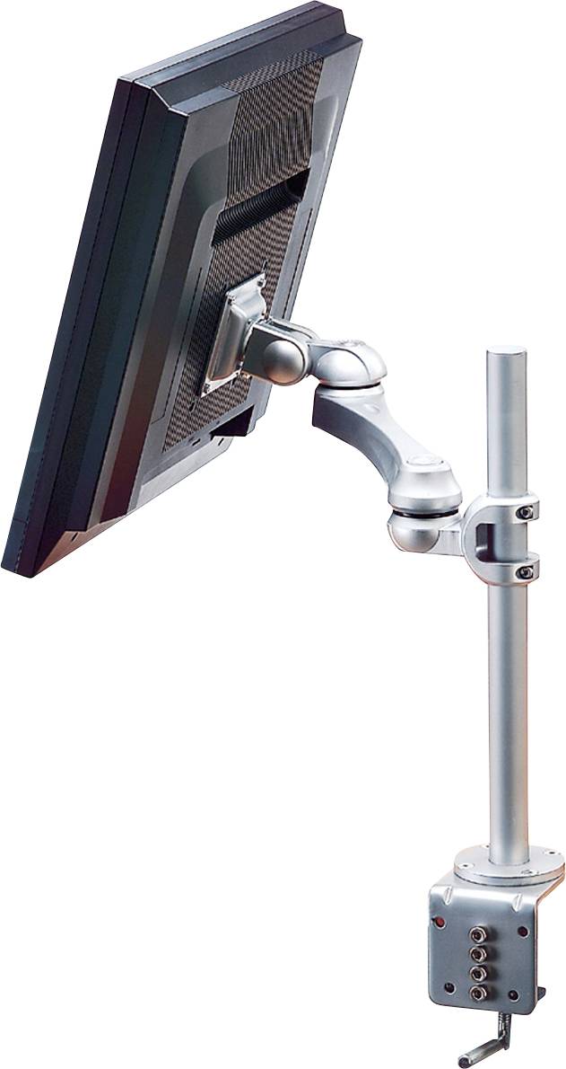 Un écran plat est fixé sur un bras articulé réglable, lui-même monté sur un support vertical.