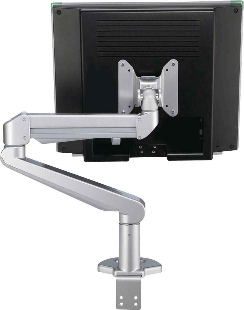 Un bras de moniteur ajustable avec des articulations qui maintient un écran d'ordinateur dans différentes positions derrière un bureau.
