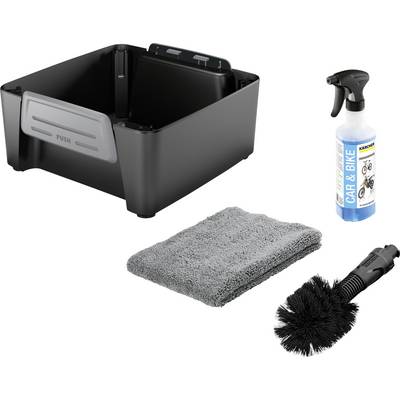 Ensemble de nettoyage comprenant un seau noir, un vaporisateur de nettoyant 'Car & Bike', un chiffon gris et une brosse.