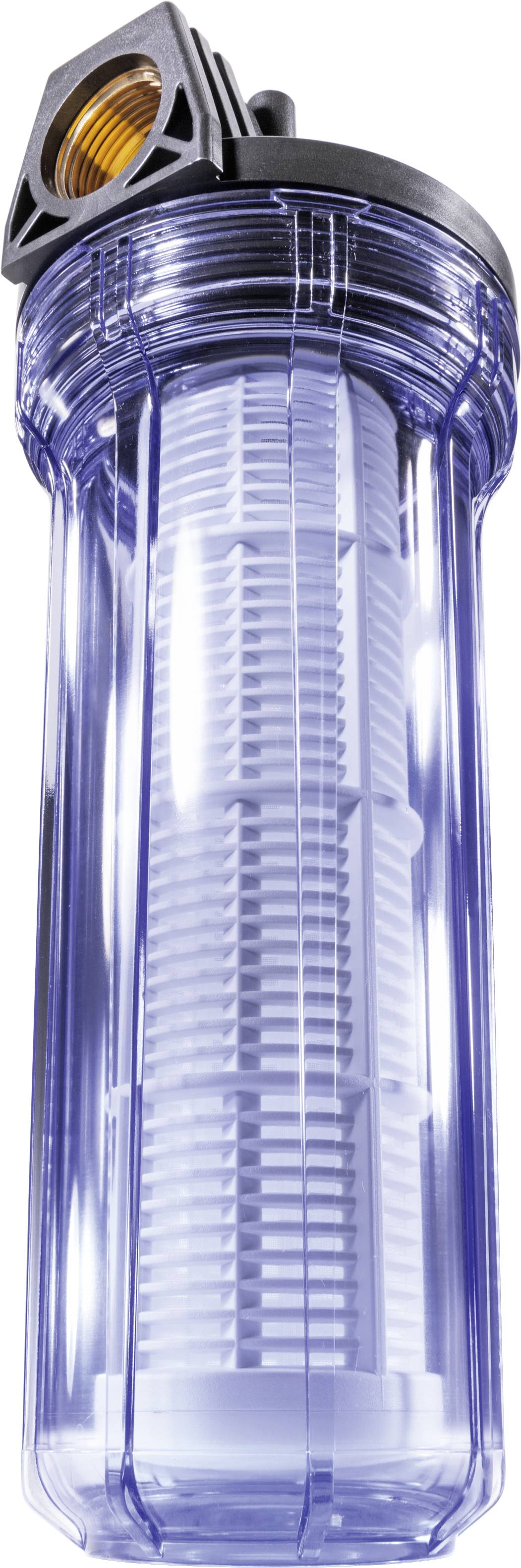 Boîtier de filtre à eau en plastique transparent avec filtre intérieur visible, connexion supérieure en métal.