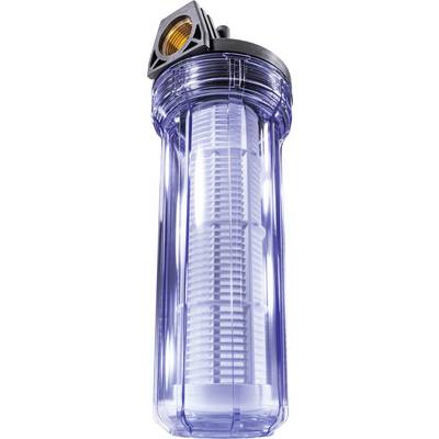 Boîtier de filtre à eau en plastique transparent avec filtre intérieur visible, connexion supérieure en métal.