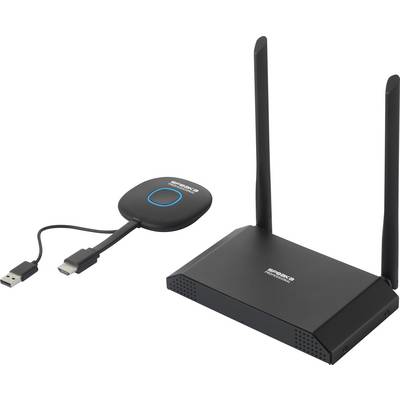 Un système de présentation sans fil composé d'un récepteur à deux antennes et d'un émetteur avec des câbles HDMI et USB.