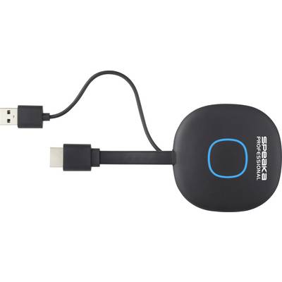 Un adaptateur HDMI sans fil noir avec port USB et touche LED bleue accentuée. Inscription 'speaka PROFESSIONAL' sur la surface.
