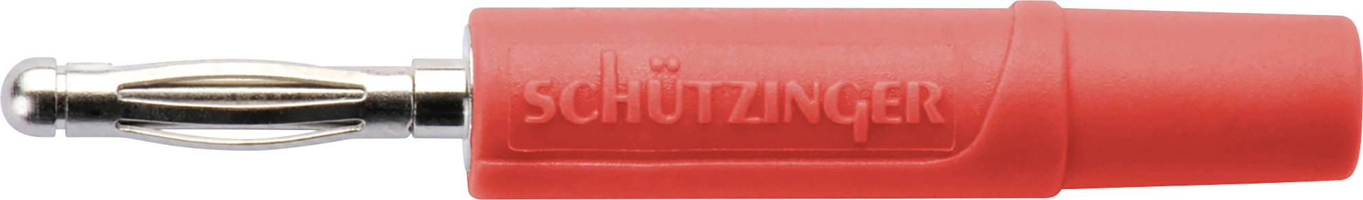 Fiche rouge avec contact métallique, inscription 'SCHÜTZINGER' sur le côté.