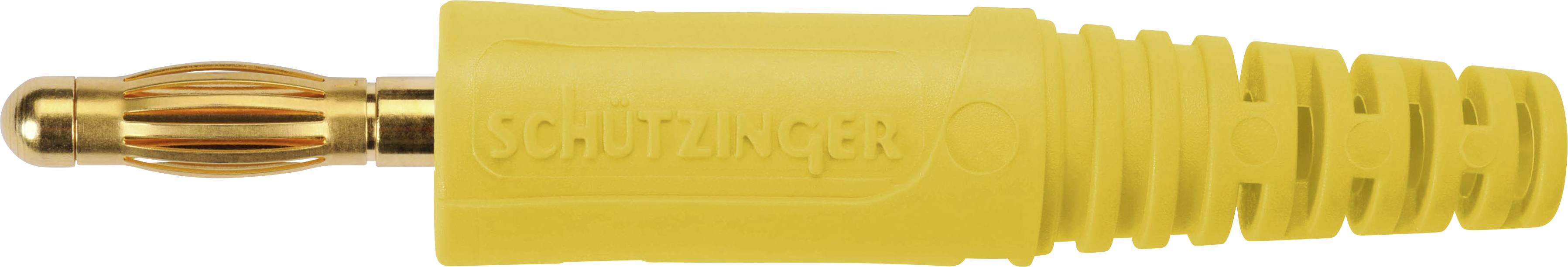 Un connecteur jaune Schutzzinger avec un contact doré. Le corps du connecteur présente des rainures pour une meilleure prise en main.