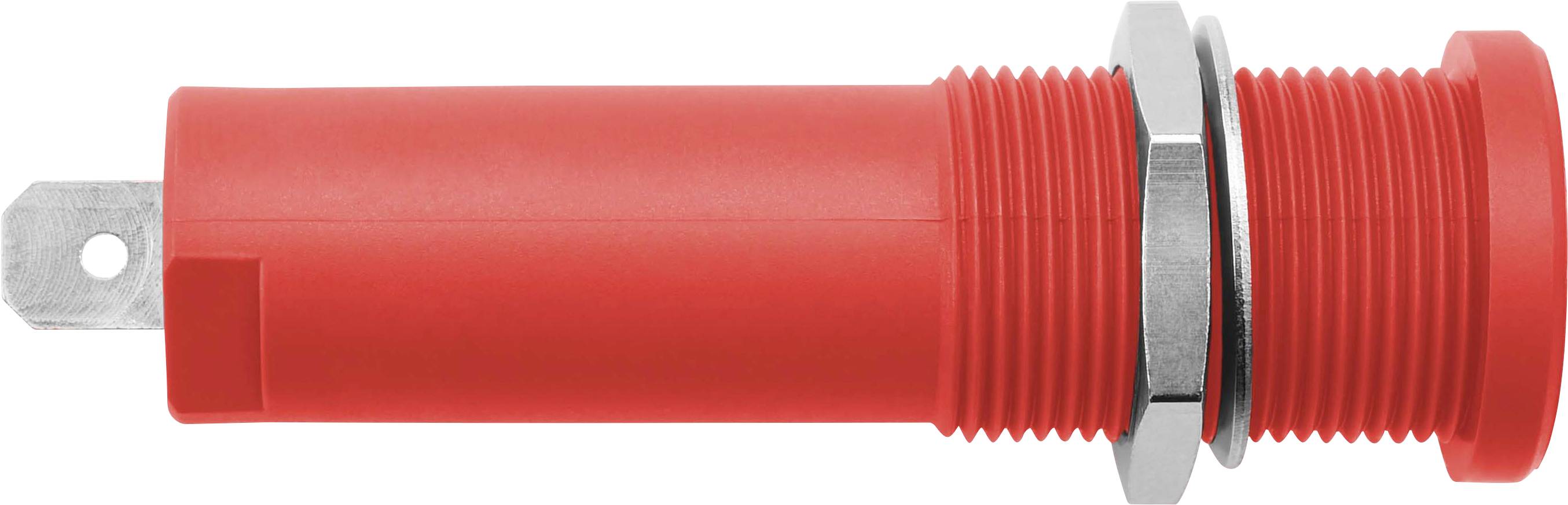Un bouton-poussoir cylindrique rouge avec un écrou métallique, représenté en gros plan sur le côté.