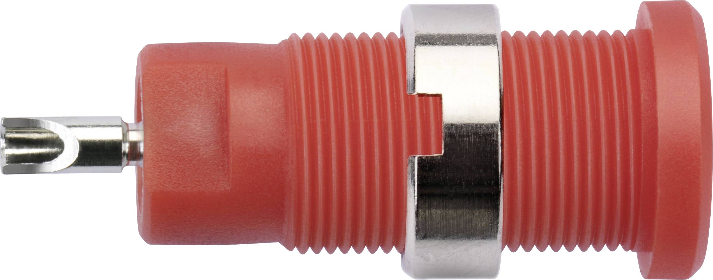 Douille rouge pour connexions électroniques. Boîtier nervuré avec anneau métallique de stabilisation.