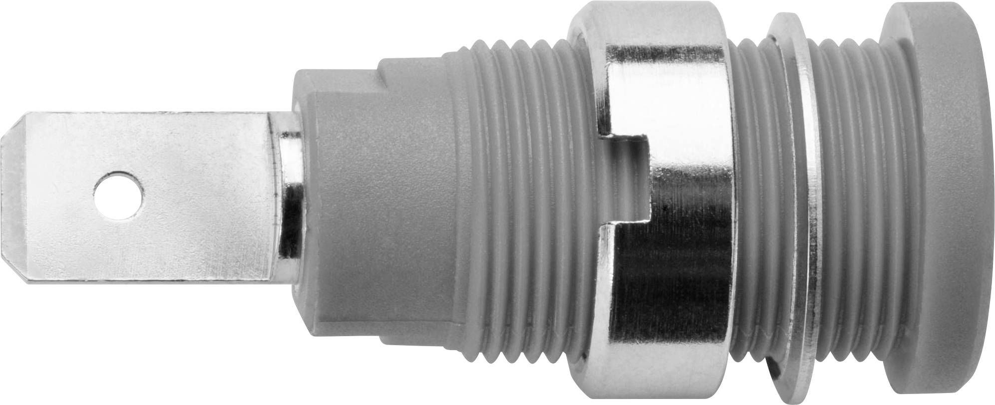 Interrupteur métallique gris avec filetage et interrupteur à volet métallique plat, présenté de côté.