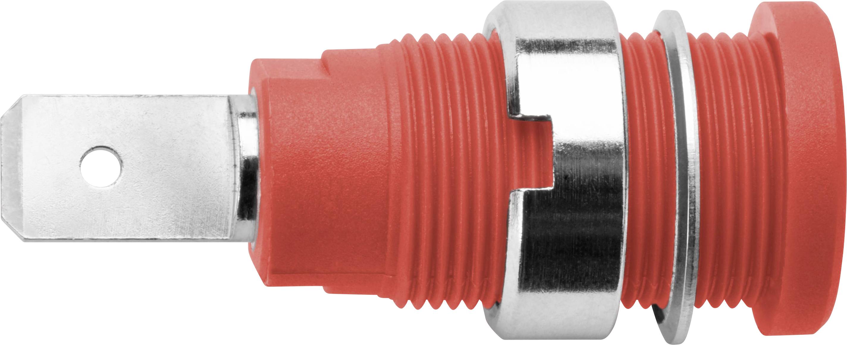 Connecteur isolé rouge avec anneau métallique et fiche plate, représenté sur le côté. Adapté pour les connexions de lignes.