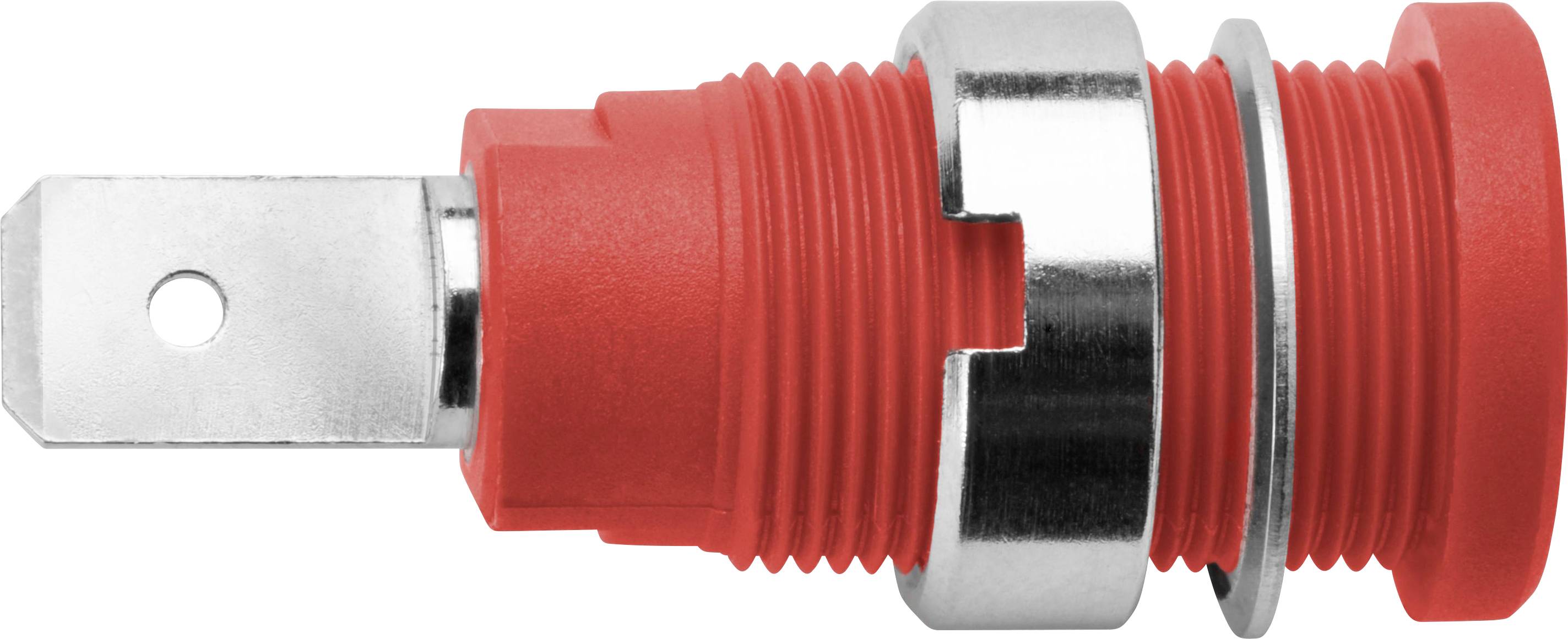 Un connecteur cylindrique rouge en métal, avec une fixation latérale et une ouverture circulaire à une extrémité.