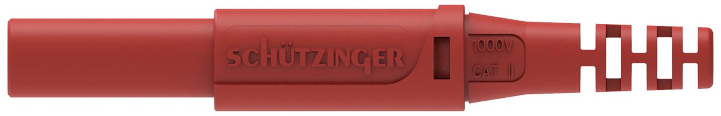 Un connecteur banane rouge Schützinger avec un boîtier isolant strié et l'inscription gravée '16A 60V CAT I'.
