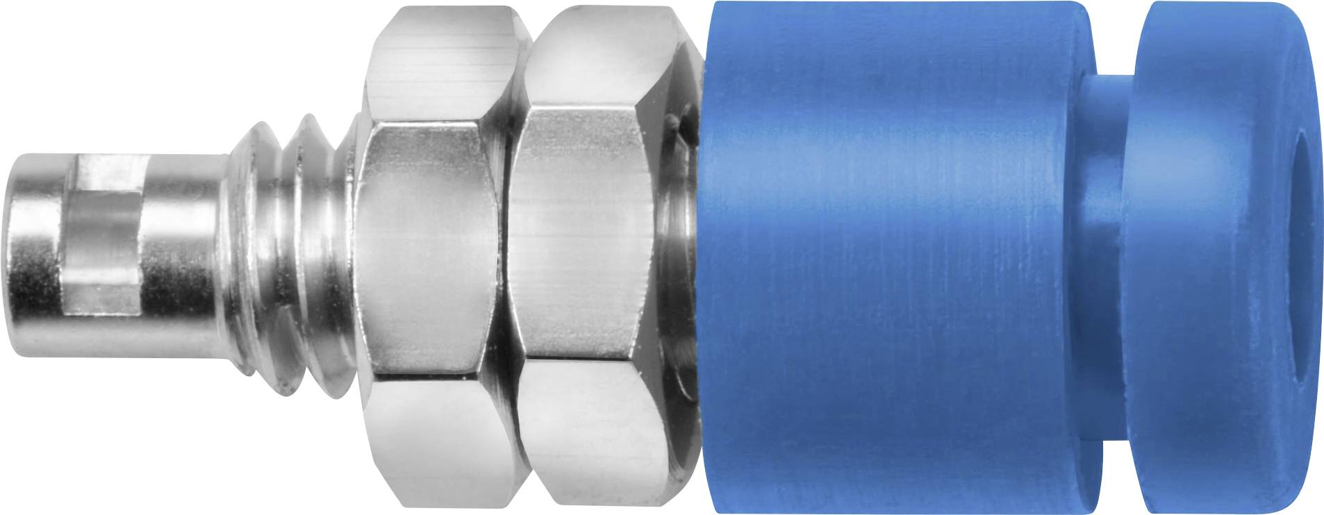 Un élément de connexion en métal et en plastique, composé d'un cylindre bleu et de pièces métalliques argentées en forme de vis.