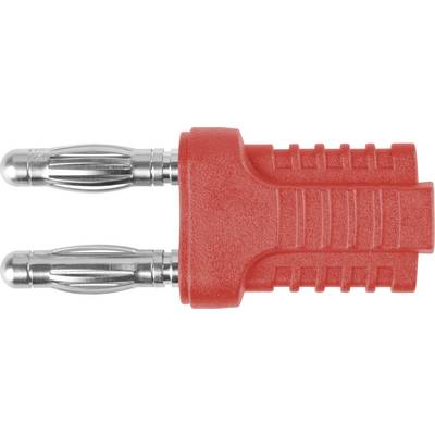 Une fiche banane rouge avec deux bornes métalliques. Principalement utilisée pour les connexions audio et électroniques.