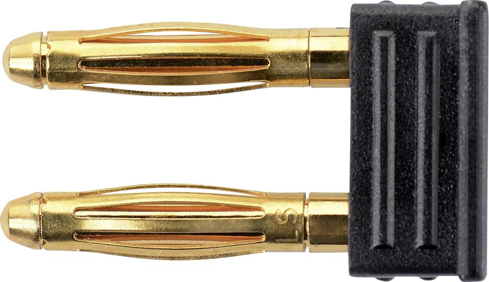Deux fiches bananes dorées dans un support noir. Elles sont disposées parallèlement l'une à l'autre et ont une surface striée.