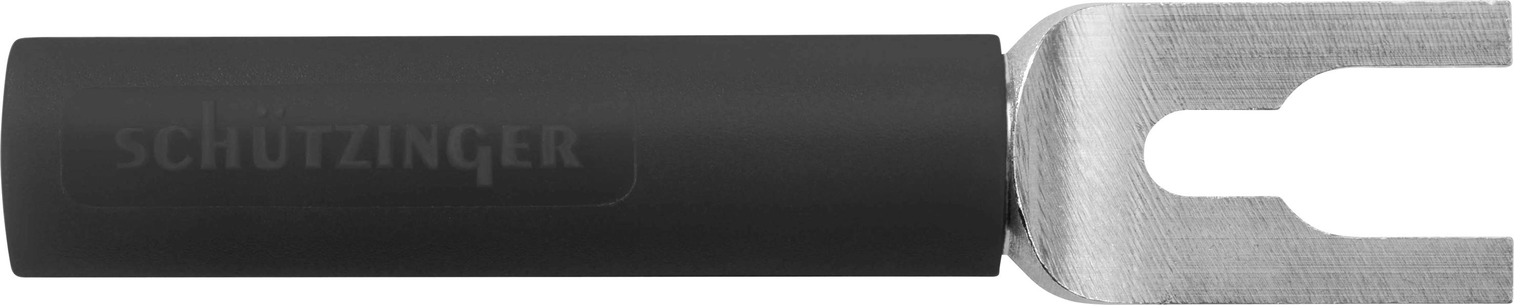Sonde de test 'Schützinger' à poignée noire et pince métallique ; un outil pour vérifier les contacts électriques.