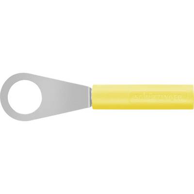 Un embout de câble jaune en métal avec un œillet, utilisé pour des connexions électriques. Il porte la marque gravée 'Schützinger'.