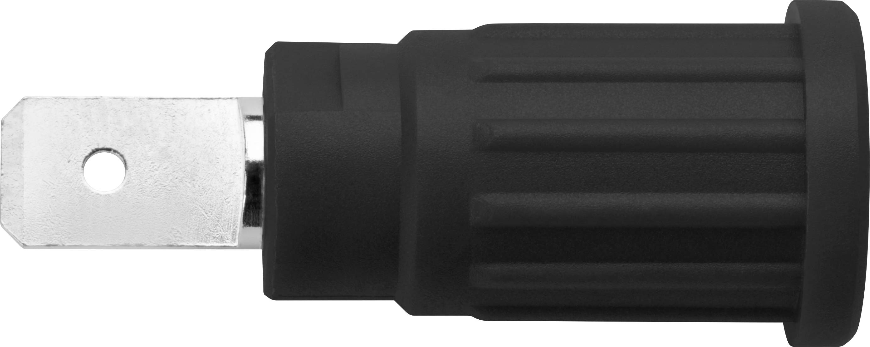'Adaptateur noir avec contact métallique en forme de L, adapté pour les connexions d'appareils électriques.'