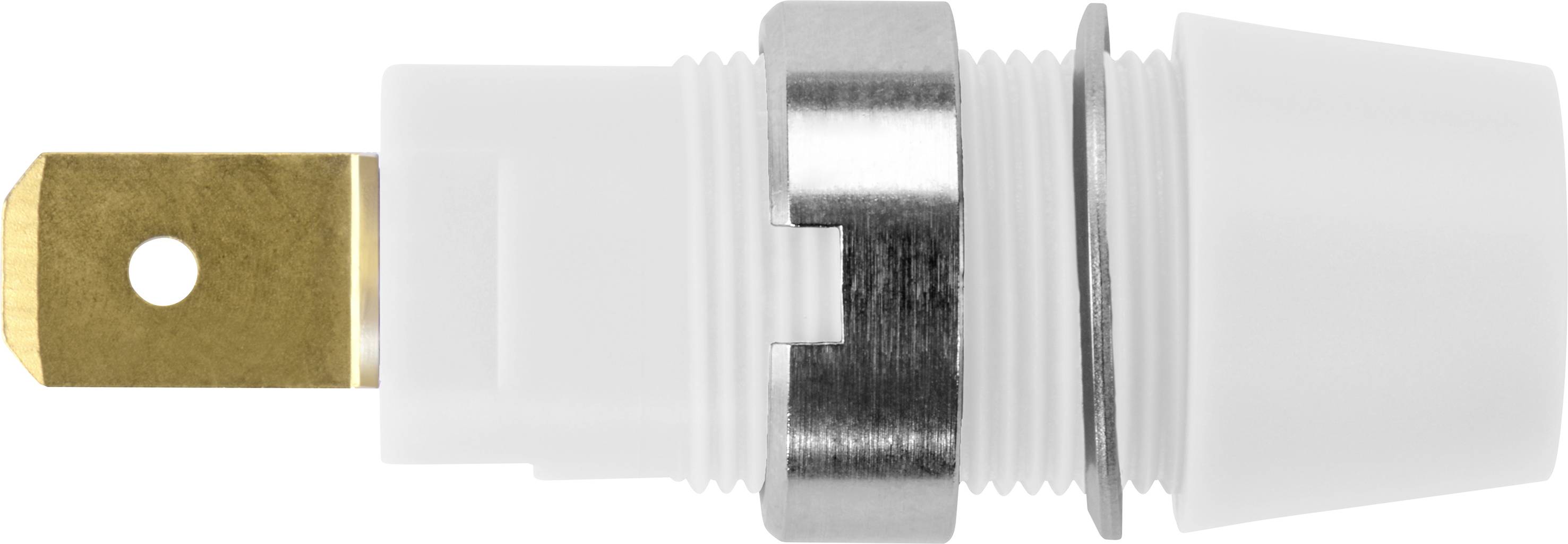 Un bouchon cylindrique blanc en plastique avec un contact métallique doré à une extrémité, vu de côté.