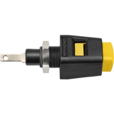 Fiche de protection noire avec poignée jaune et contact métallique. Vue latérale ; fiche industrielle pour connexions électriques sécurisées.