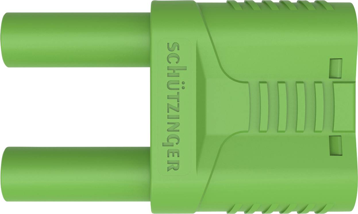 Un connecteur électrique vert à deux broches avec un boîtier strié. L'inscription 'Schützinger' est visible.
