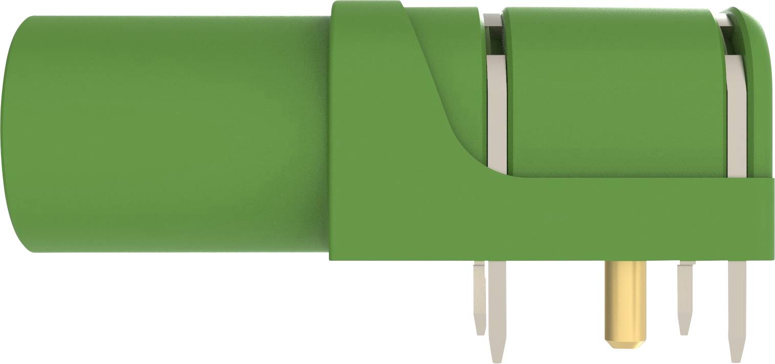 Connecteur électrique vert avec des contacts métalliques et une petite pointe dorée à la base.