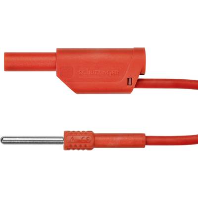 Câble de mesure rouge avec douille isolée en haut, fiche métallique exposée en bas, adapté aux applications de laboratoire ou d'atelier.