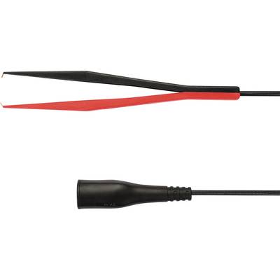 Deux pinces crocodile, l'une rouge et l'autre noire, destinées à se connecter à des appareils électriques, reliées par un câble.