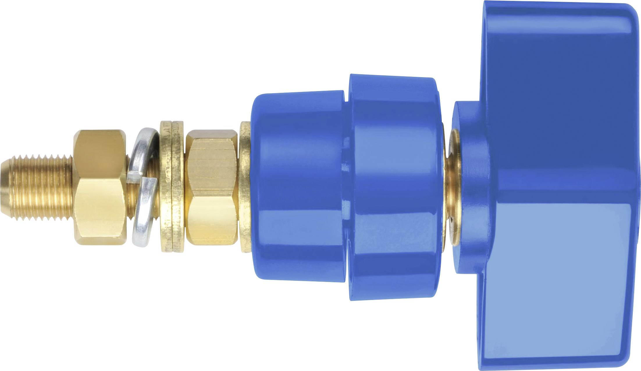 Une vanne de fermeture bleue avec des raccords et des écrous dorés, utilisée pour contrôler le flux de liquides ou de gaz.