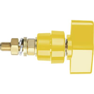 Pièce mécanique jaune avec plusieurs vis et une poignée de rotation hexagonale, probablement une vanne.