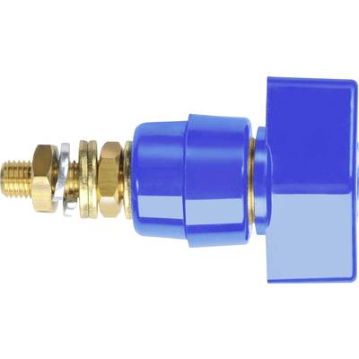 Vanne de blocage bleue pour poussins avec raccords en laiton, vue de côté. Utilisée pour le contrôle du débit de liquides dans les systèmes de canalisations.