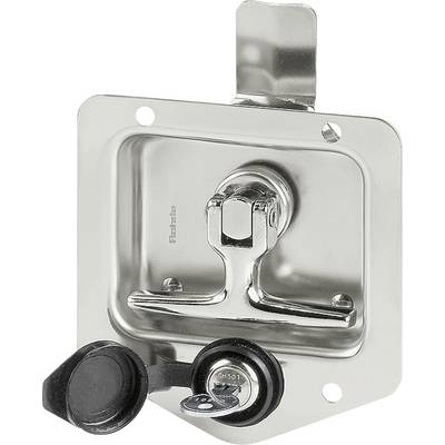 Un verrou à came chromé avec trou de serrure et couvercle en plastique noir, adapté pour les portes métalliques rectangulaires.